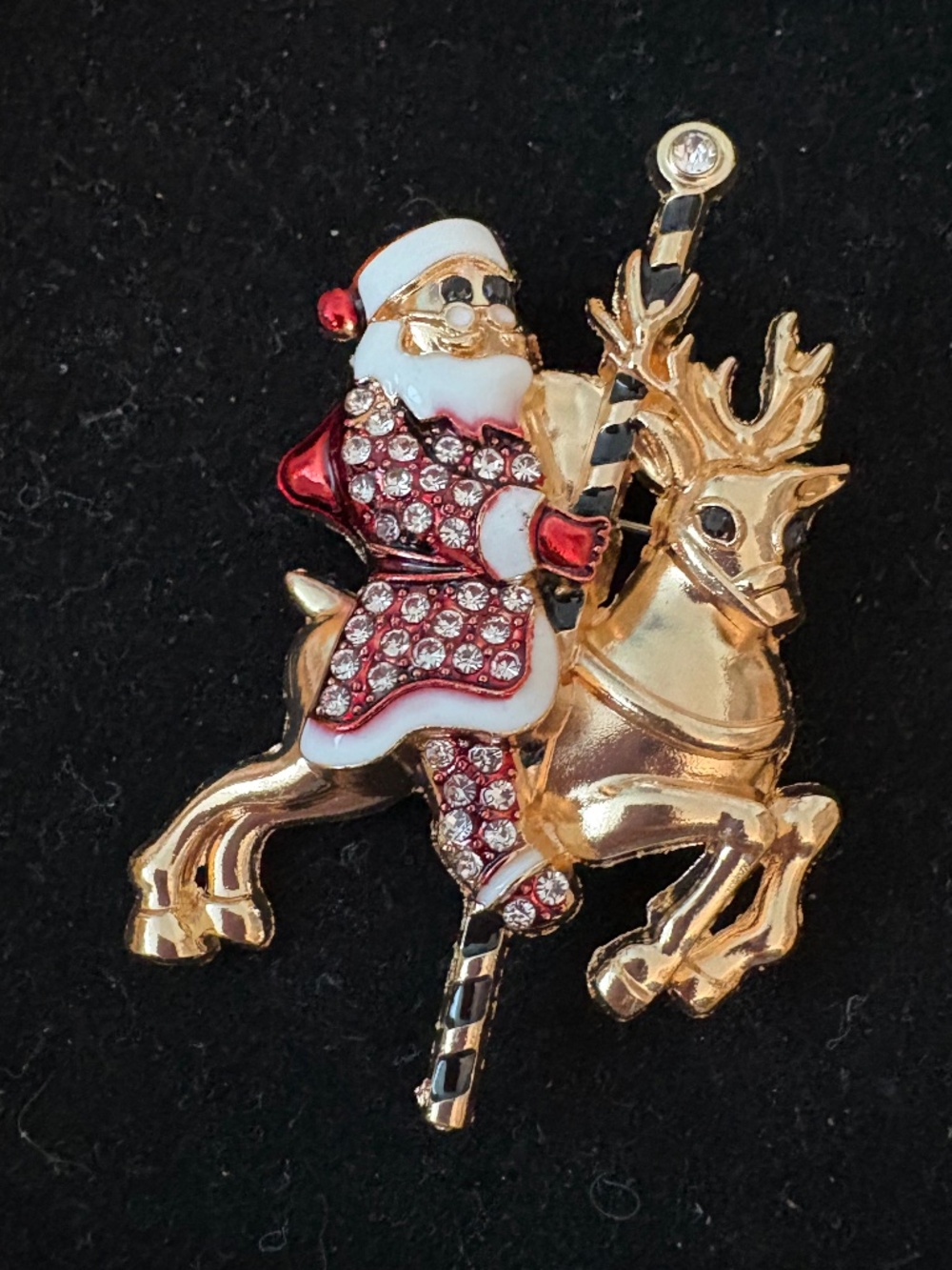Santa Riding Reindeer Rhinestone Christmas Brooch Pin